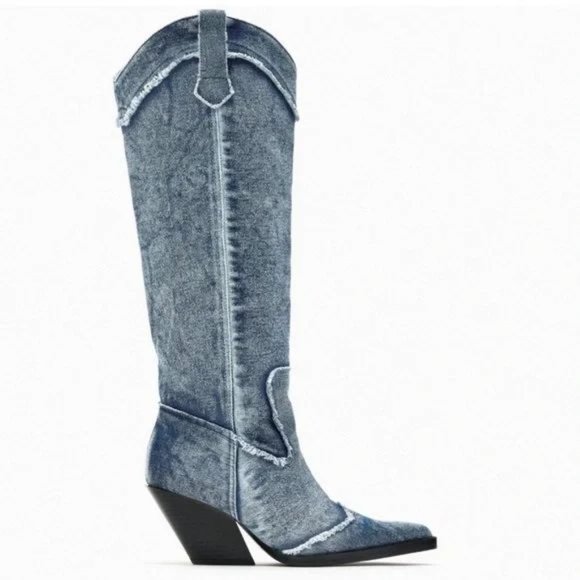 ZARA DENIM COWBOY BOOTS - Picture 7 of 11